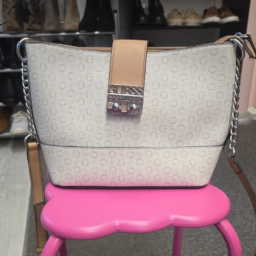 GUESS Beige and Brown Shoulder Bag